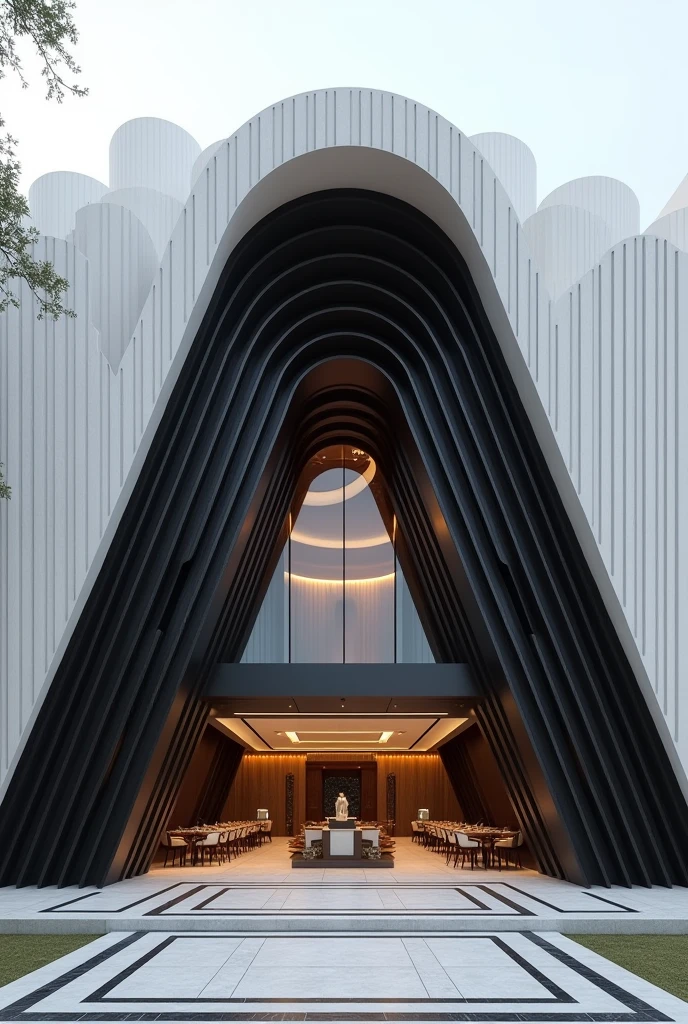 double skin facade architecture design in iran , facade of restaurant , 7.5 meter width, 22 meter height, front view, one sided , high quality rendering architecture,, in iran , cinematic , luxury architecture facade view , white and black material