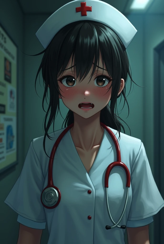 A nurse is crying in fear