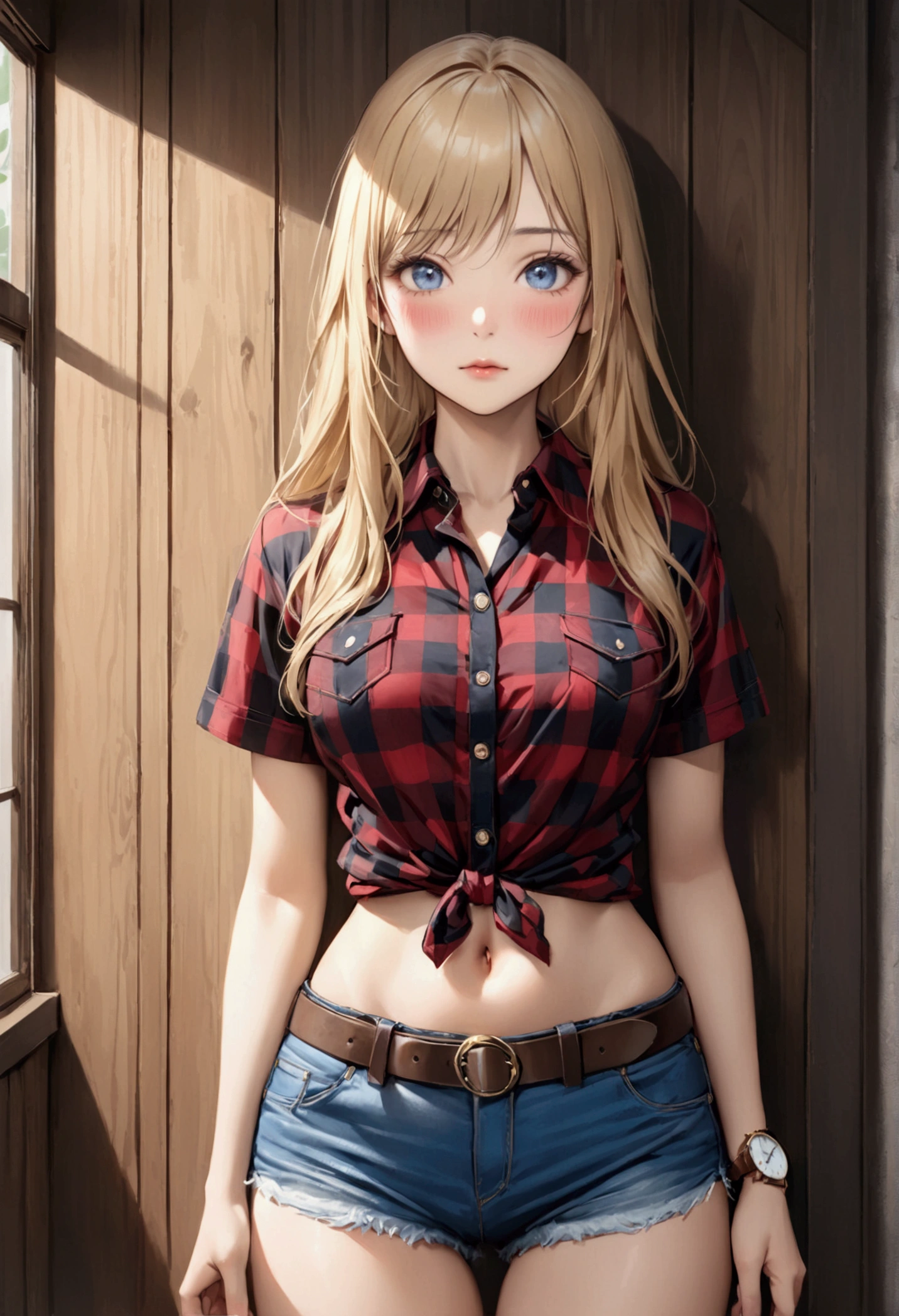 Woman with long blonde hair, blue eyes, An athletic body, Red checked tight short sleeve collared shirt, watch, Navel exposed, Denim hot pants, Brown belt with oval buckle, Stand up straight, blush,In front of a wooden wall,Front view,Cowboy Shot,16K, Highest quality, masterpiece, Realistic, detailed