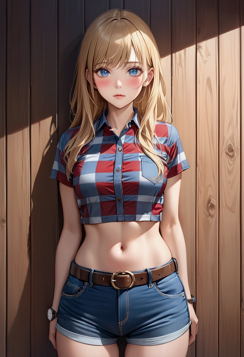 Woman with long blonde hair, blue eyes, An athletic body, Red checked tight short sleeve collared shirt, watch, Navel exposed, Denim hot pants, Brown belt with oval buckle, Stand up straight, blush,In front of a wooden wall,Front view,Cowboy Shot,16K, Highest quality, masterpiece, Realistic, detailed