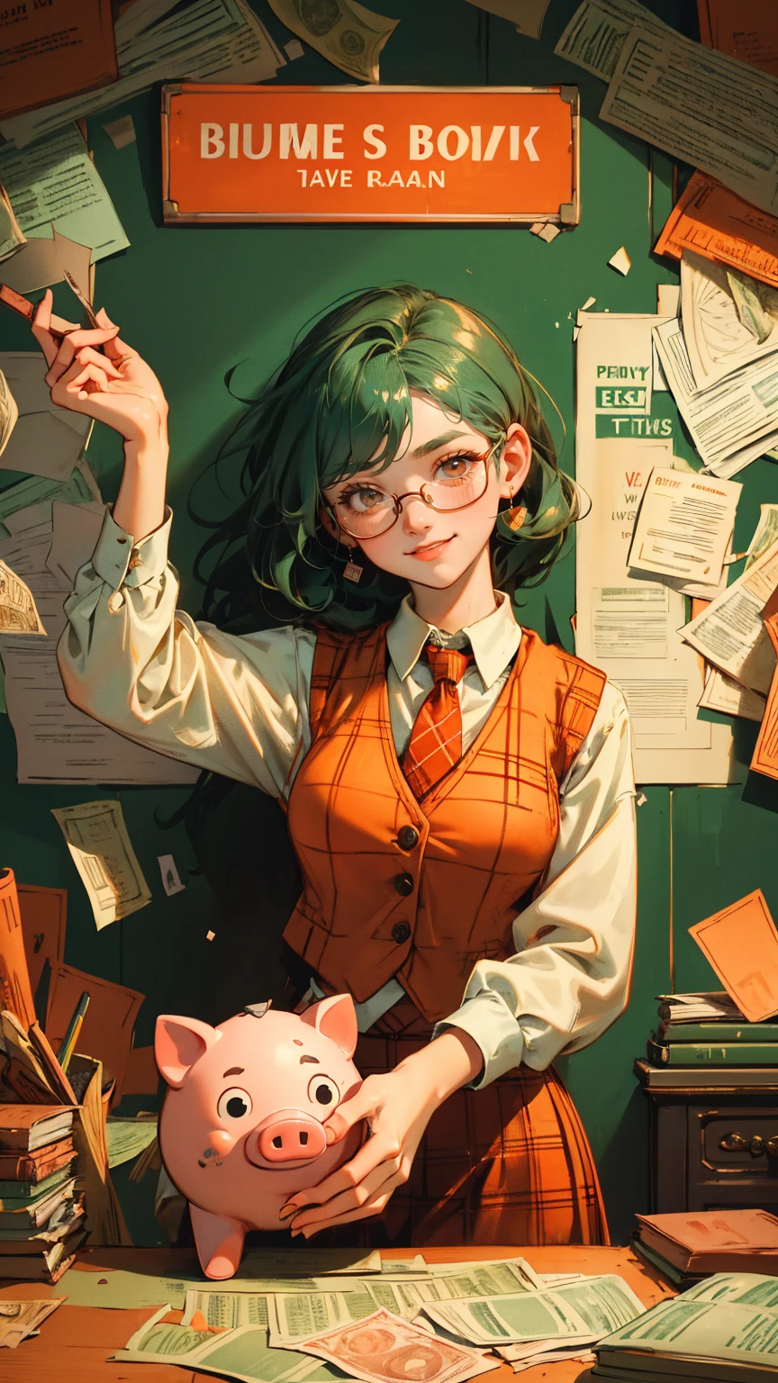 background clear and good A beautiful, cute girl with glasses, wearing a vintage-style green vest over a checkered shirt and a red tie. She is holding up a sign that says 'Buy High, Sell Low' with a big, mischievous smile. The background is filled with a chaotic mix of falling red and orange bricks, financial papers, and broken piggy banks with dollar bills, creating a sense of confusion and chaos. The two cartoonish piggy banks at the bottom look surprised, one with a crack showing its coins. The ground is littered with torn-up financial documents and broken glass. The entire scene has a retro, comic-style look with a warm, red-orange color palette, zoom out image 