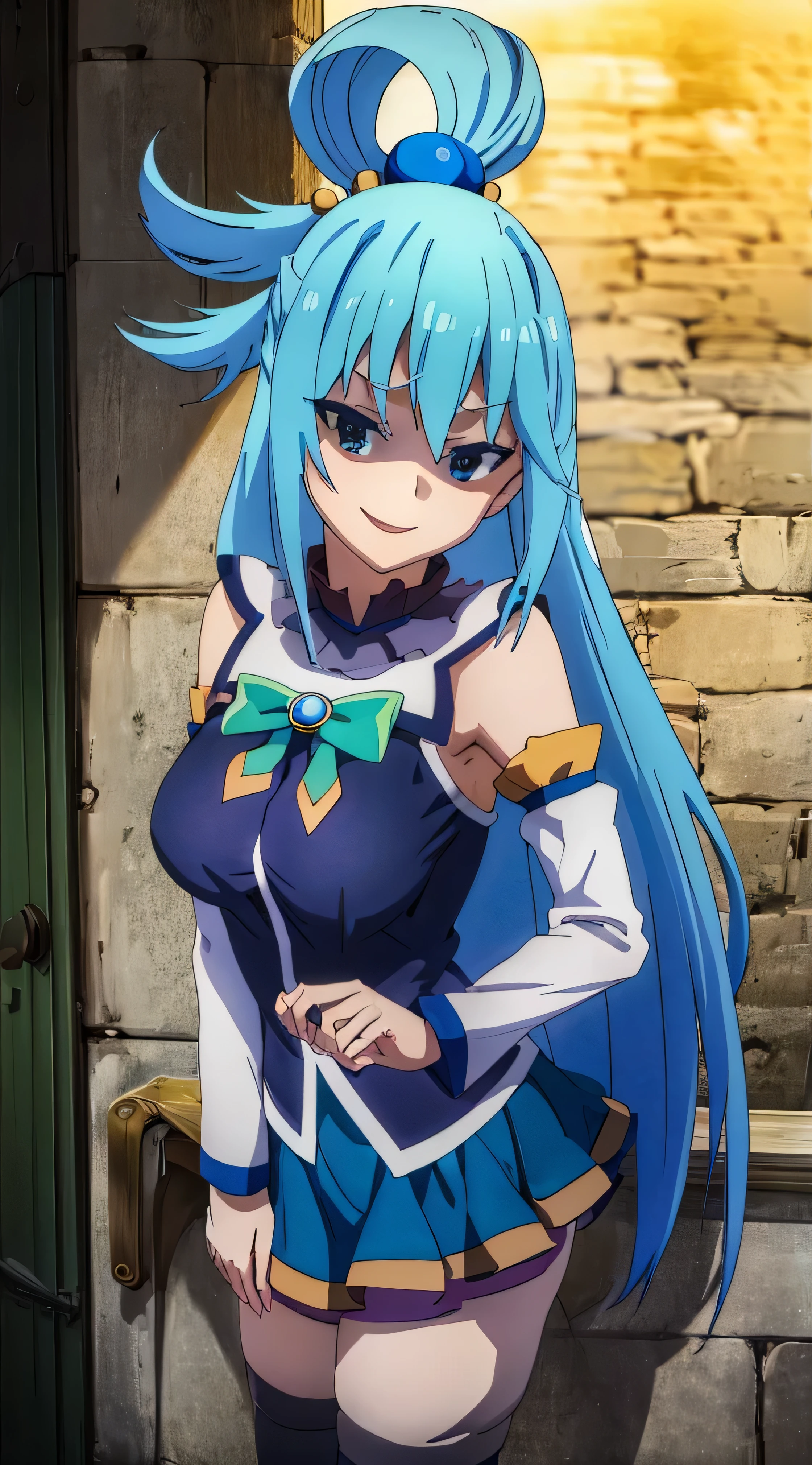 (masterpiece, best quality:1.2), expressive eyes, perfect face, highres, 1girl, solo, aaaqua, long hair, blue hair, hair rings, hair ornament, choker, bare shoulders, green bow, blue shirt, detached sleeves, blue skirt, thighhighs, happy smiling, standing, upper body, portrait, looking at the viewer,curvy,,oily skin,shiny skin,most evil huge laugh,lipstick,sadistic smile,deep shaded face(eyes in shadow),singlebraid,smile worst,worst ridecule,most evil moukery,,onebraid,,two hands,five fingers,dark aura background,A face full of evil,most evil ridicule,,horor, Violence, , The Empowerment of Evil, monster,naughty face,seductive smile,evil smirk, hand on hip, ojou-sama pose,