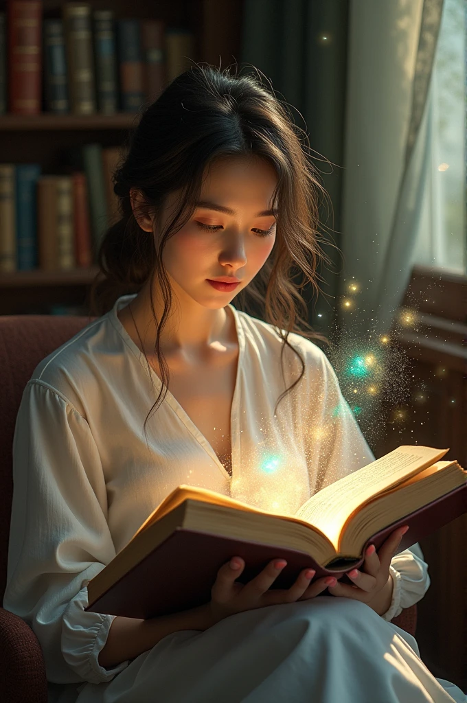 A simple image of a woman reading a book and there is an imaginary image coming out of the book.
