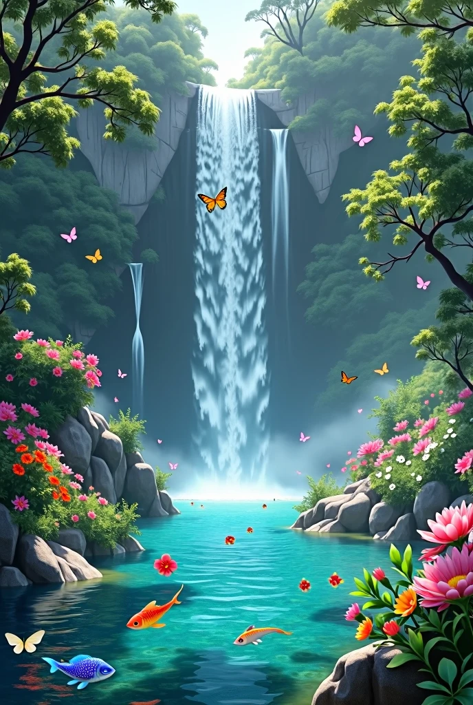 Waterfall falling into a crystal clear river where you can see colorful fish and oedras in the FF world of the river, flowers all around and brightly colored butterflies flying.