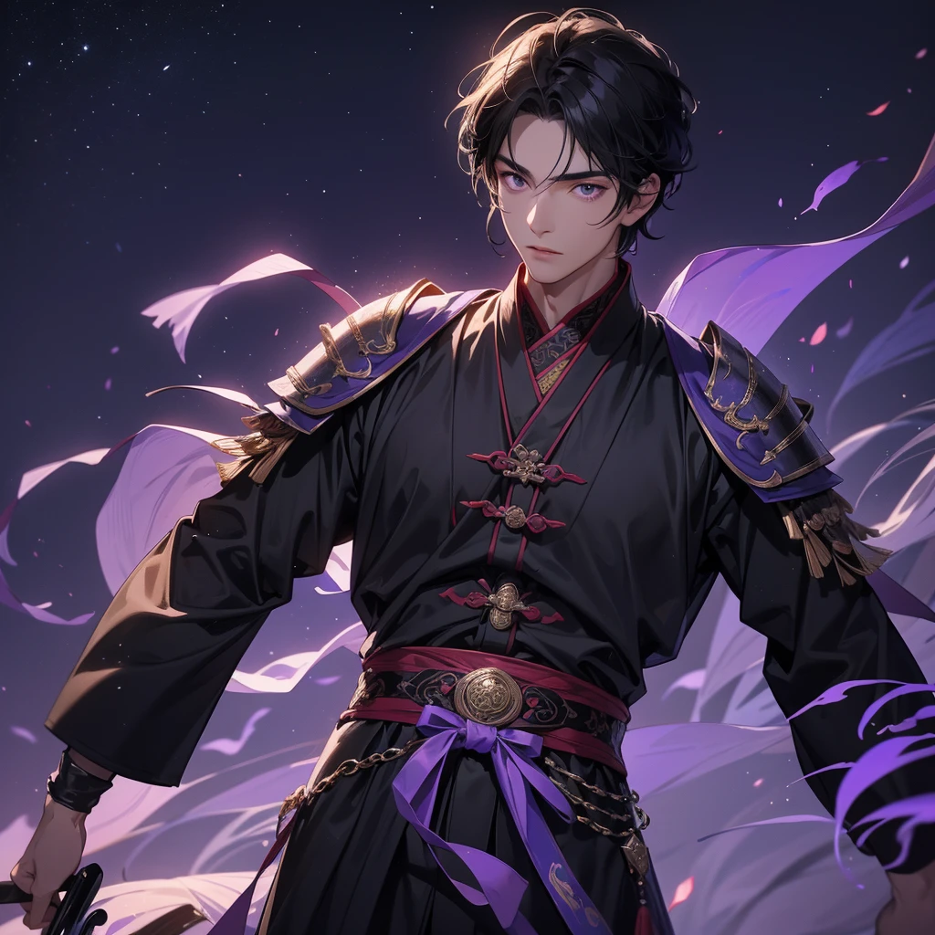 A Handsome black-hair male holding a large sword in an ancient chinese costume, Background is a dark moonless night, with dry trees in the background, and purple glowing light,close up.