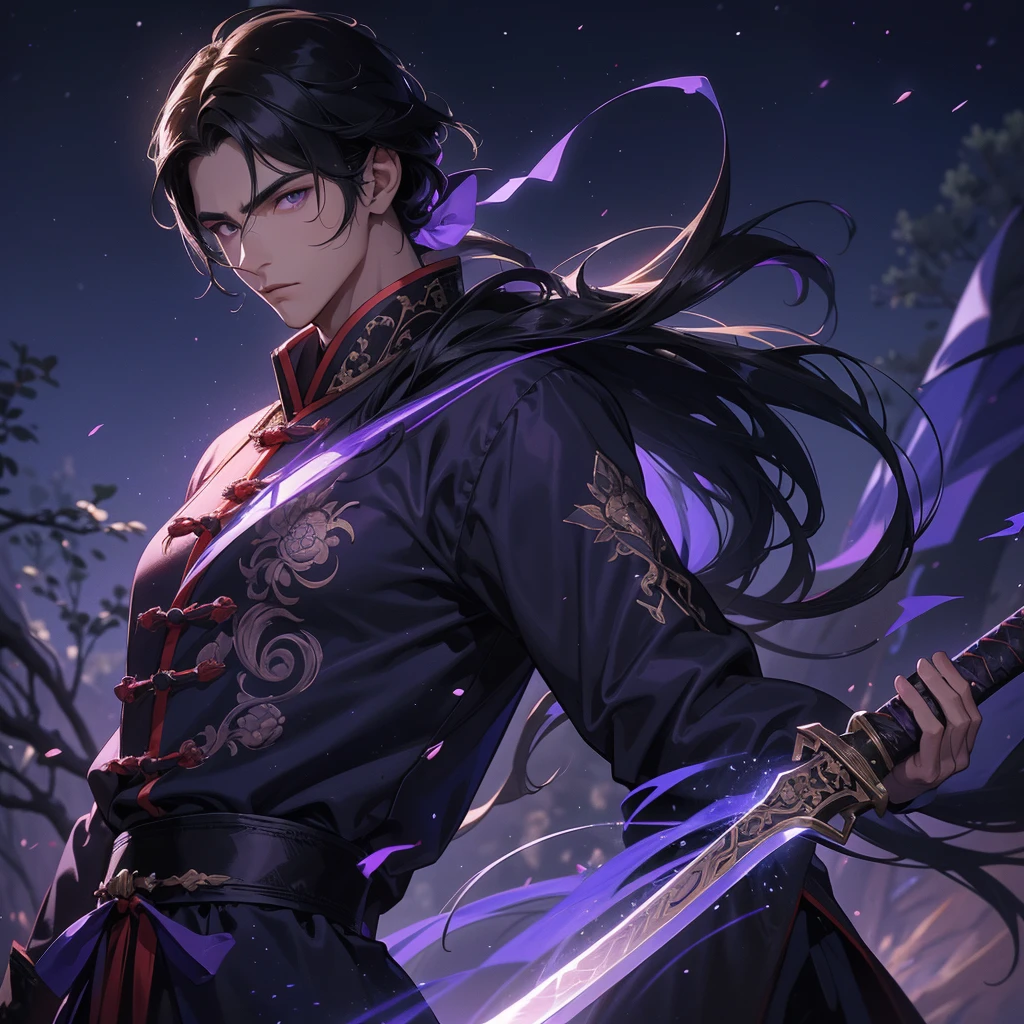 A Handsome black-hair male holding a large sword in an ancient chinese costume, Background is a dark moonless night, with dry trees in the background, and purple glowing light,close up.
