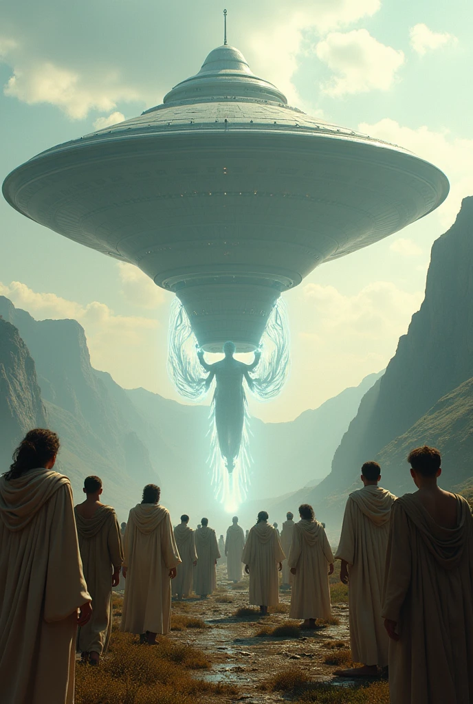 An Anunnaki ship returning to Earth being welcomed by Earthlings, who receive it frightened and amazed by the alien entities that looked like humans , only larger with white skin and cinematic quality light wings, ultra realistic 4k