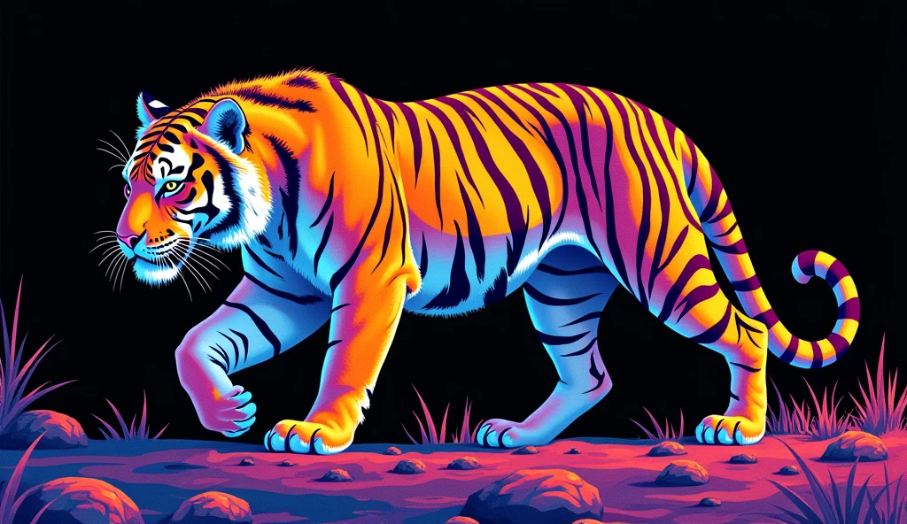 a colorful tiger walking on top of a black
background, tiger detailed, vibrant high
contrast coloring, coloured with lots of colour, coloring book page, psychedelic
colouring, colored in, perfect coloring,
full of colors and rich detail, bright colors ,highly detailed, colourful!! highly
detailed, neon coloring, detailed art in
color, coloring book style, highly intricate and colorful