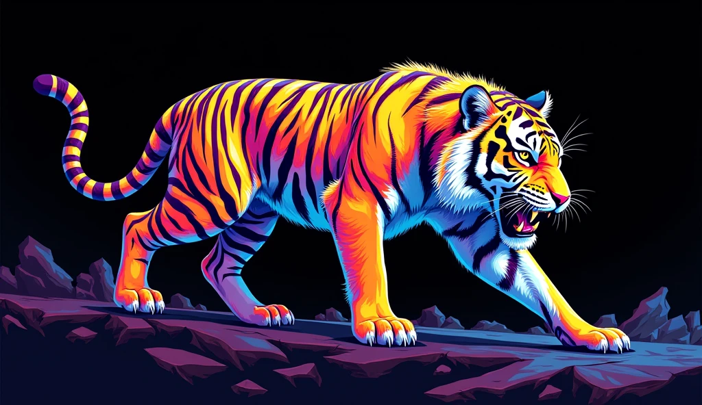 a colorful tiger walking on top of a black
background, tiger detailed, vibrant high
contrast coloring, coloured with lots of colour, coloring book page, psychedelic
colouring, colored in, perfect coloring,
full of colors and rich detail, bright colors ,highly detailed, colourful!! highly
detailed, neon coloring, detailed art in
color, coloring book style, highly intricate and colorful
