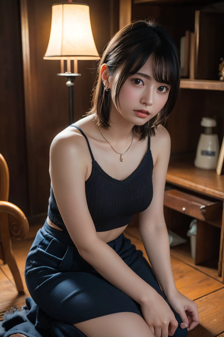 (Highest quality:1.4),(masterpiece:1.4),(Realistic:1.4),(Realistic:1.2),(超High resolution, RAW Photos:1.4),(High resolution, Ultra-detailed:1.2),(8k:1.2),View your viewers,Cinematic photography,One person,skeletally correct,Black-haired woman,Woman in her early 20s,(Small earrings,necklace,Summer knit with bare shoulders),(Western-style building interior,Dimly lit room,The lamplight shines on my cheeks,kneel)