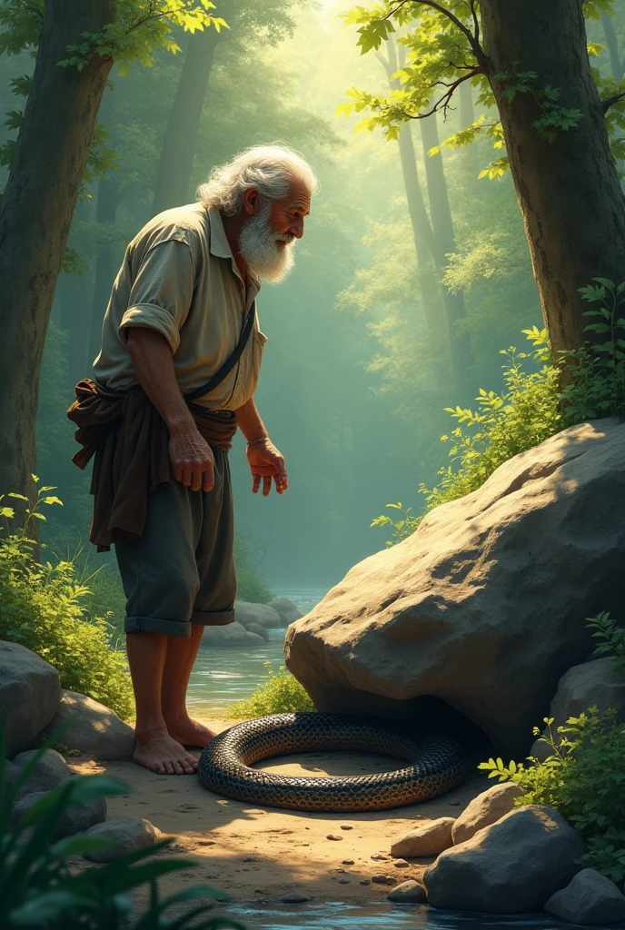 "Describe an old man with a kind heart who stumbles upon a dangerous situation: a snake trapped under a heavy rock in a quiet, forested area. Highlight the old man's wisdom, gentle nature, and his initial hesitation before deciding to help the snake."