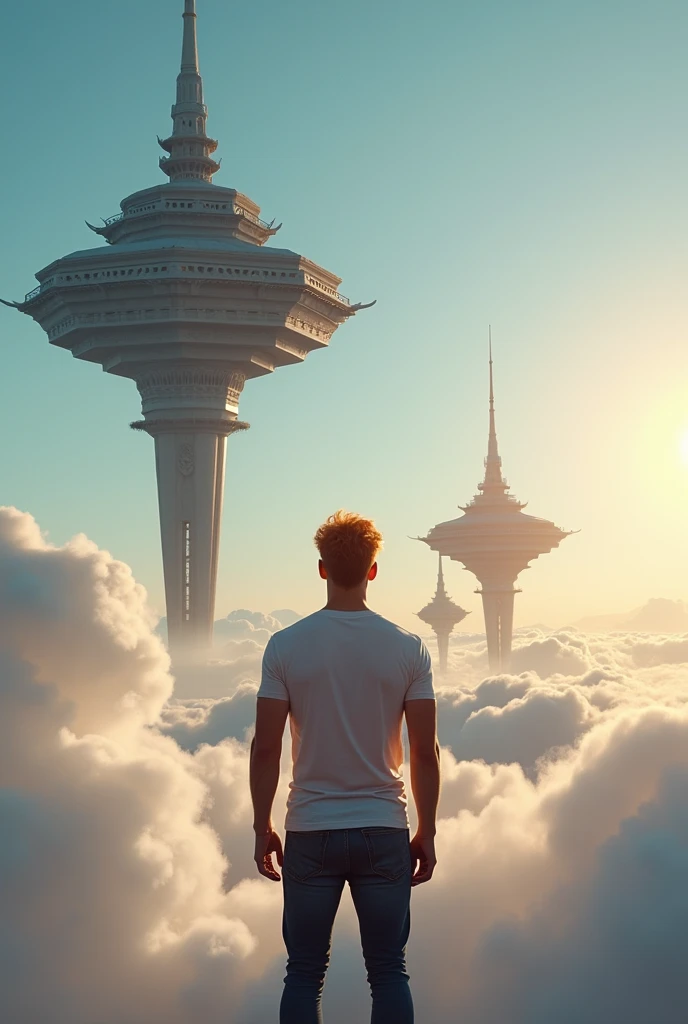 A cinematic medium shot of a athletic 46yr old man with strawberry-blonde hair wearing a t-shirt and jeans. Strong cinematic posture, back to the camera. He is standing knee-deep in clouds, between fluffy sunset clouds and looking at a magnificent fantasy city with intricate details. The city is floating in the air above the clouds. The background is a clear blue sky. The city has a heptagonal shape, with corner towers connected to the central part by galleries and passages. The city's design is gothick, strict yet graceful, combining futuristic and traditional architectural elements. It soars high in the sky in the air far away. The city has a fantasy look with a futuristic twist, and the flying towers serve as defense structures. (foots in clouds), (knee-deep in clouds)
Hight contrast and ultra-detailed, ultrarealistic, 8k, HDR