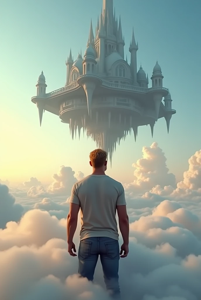 A cinematic medium shot of a athletic 46yr old man with strawberry-blonde hair wearing a t-shirt and jeans. Strong cinematic posture, back to the camera. He is standing knee-deep in clouds, between fluffy sunset clouds and looking at a magnificent fantasy city with intricate details. The city is floating in the air above the clouds. The background is a clear blue sky. The city has a heptagonal shape, with corner towers connected to the central part by galleries and passages. The city's design is gothick, strict yet graceful, combining futuristic and traditional architectural elements. It soars high in the sky in the air far away. The city has a fantasy look with a futuristic twist, and the flying towers serve as defense structures. (foots in clouds), (knee-deep in clouds)
Hight contrast and ultra-detailed, ultrarealistic, 8k, HDR