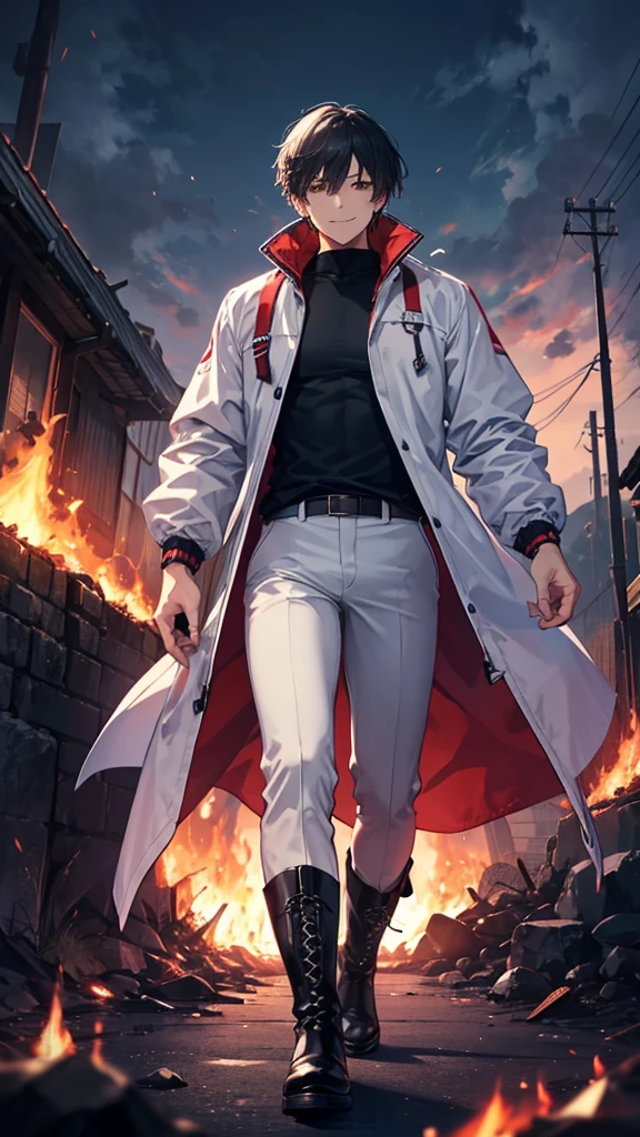 Muscular man, alone, a white windbreaker, White trousers, Gray Hair, Black hair, Japanese-looking man, Dragon Horn, purple military boots, Wicked Smile, Dark brown eyes, Fantastic landscape, walking through a fire of darkness.