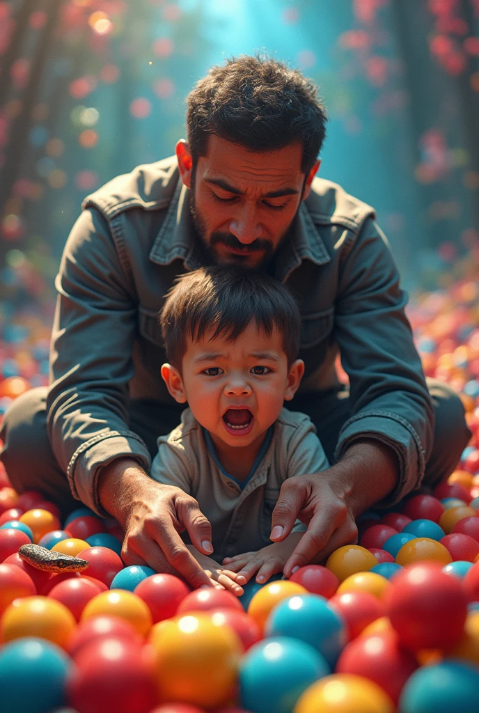 -Scenario: An extremely colorful and vibrant ball pit, which looks very attractive at first sight.
Personagens:
-A father with a firm expression, but loving, gently holding her son of about who is trying to get loose to jump into the pool.
-The child must have an expression of frustration or crying, clearly wanting to get in the pool.
Hidden detail: inside the swimming pool, between the balls, several dangerous and poisonous snakes lurk, ready to attack. They are visible to the observer, but not to the son.