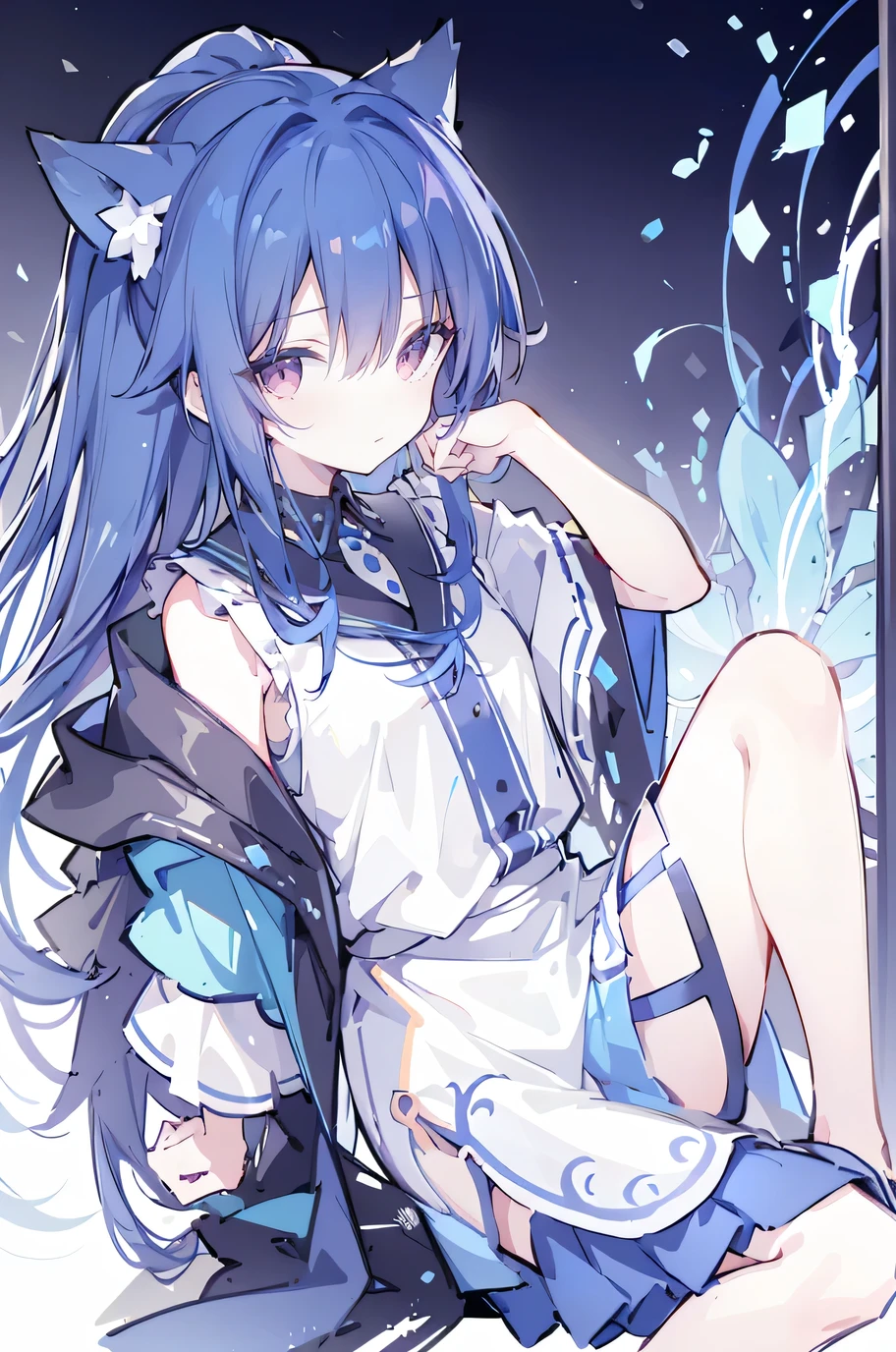 (Masterpiece:1.2),Ultra-detailed,lifelike,The eyes are expressive,Fair skin,Perfect face shape,1 girl,Japanese Manga,Gorgeous blue hair,Flowing blue hair,Flowing clothes,Cat ears,Petals falling,Shy face,sitting on window,Place your hand on your lips,masterpiece, absurdres, novel cover, cover illustration, 1girl, solo, dark blue-haired ponytail, mage robes, flower background, clock background, monochrome, line drawing