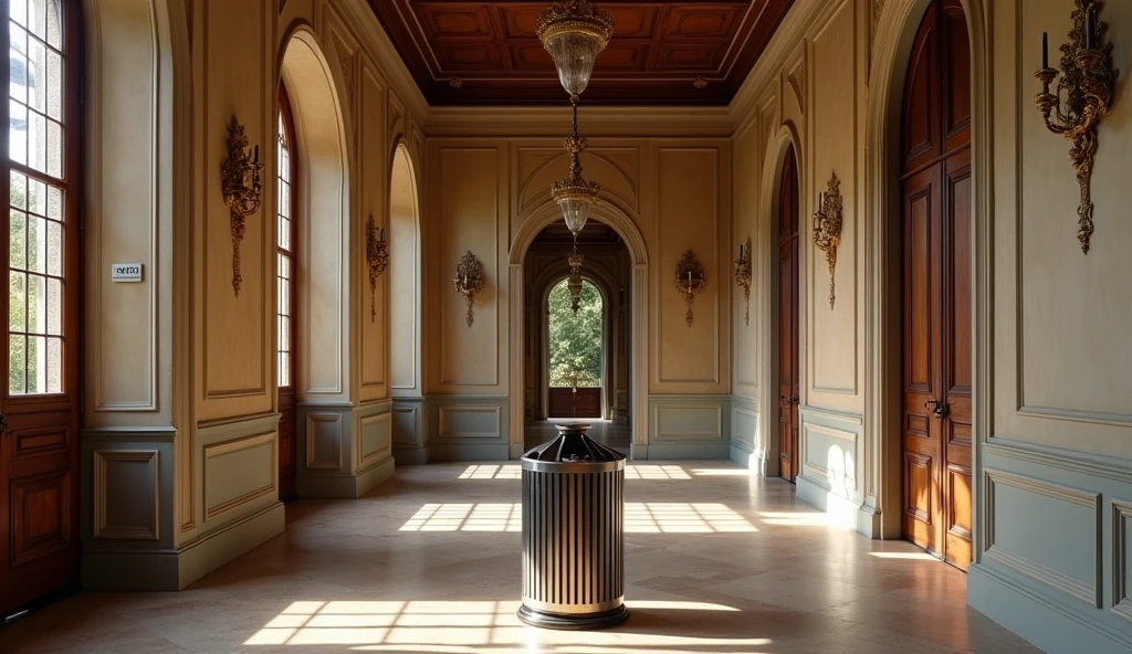 a palace entry hall with a metal garbage can in the middle