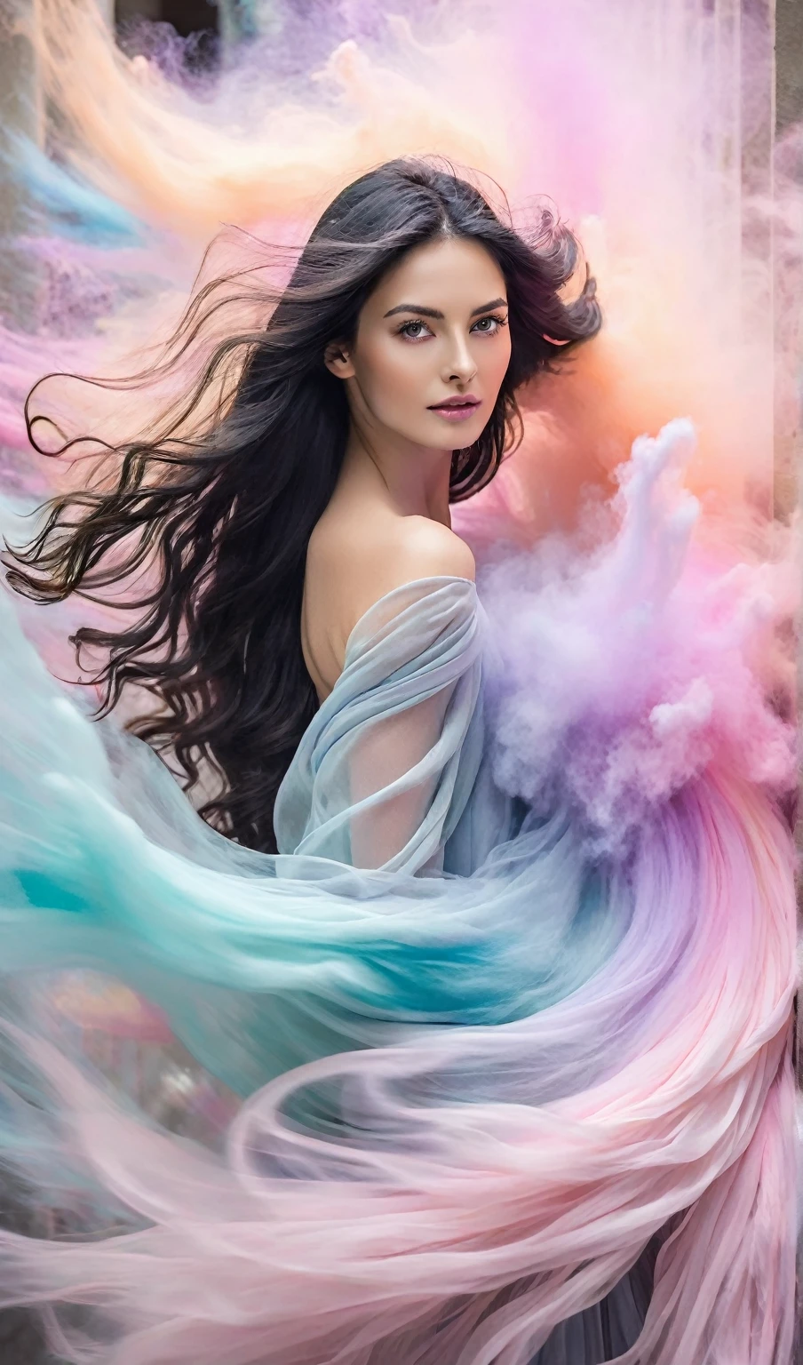 Nesta imagem deslumbrante, we are presented with a captivating sight of pastel colored powder exploding in all directions, beautifully frozen in time through long exposure and slow shutter photography techniques. An explosion occurred in front of the wall, where an image also exploded into life with an explosion of colored pastel powder, similar to a beautiful, graceful woman with long black hair with wavy ends flowing as if carried by a gentle breeze with bright and delicate eyes wearing a closed shoulder dress. elegant and graceful facing the camera floating in very realistic pastel colors. A imagem, possibly a photograph, displays beautiful attention to detail, with subtle colors that blend harmoniously to create a truly stunning, high quality visual work.