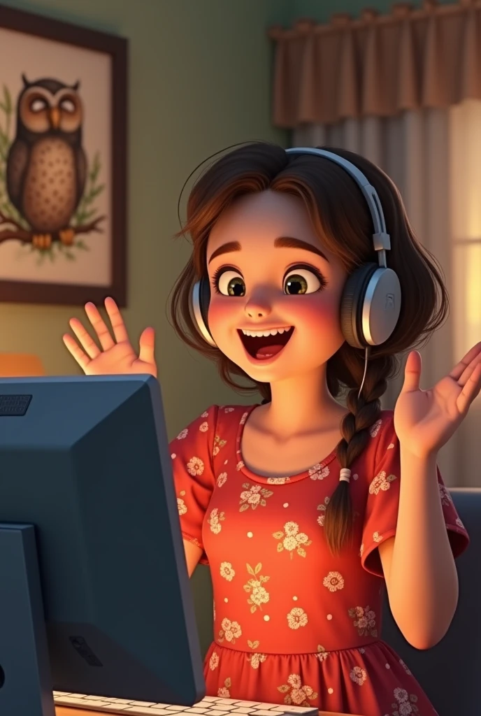 a girl works on a computer, a headset on her head. Great mood, smiling. She threw her hands up. Red dress with flowers print. Home environment. In the background is a portrait of an owl