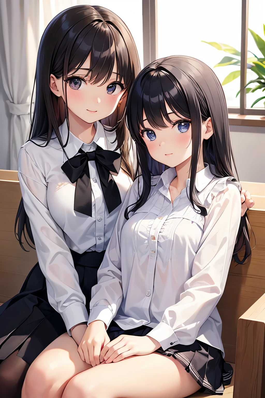 High resolution, Long Hair, accurate, masterpiece, Highest quality, (
￼Adults and children、Mother and daughter)、2 people、(Young、cute)、Black Hair、clear、Shirt blouse、Collared shirt blouse、白いShirt blouse、Light pink shirt blouse、Blouse with ruffles、Long sleeve、Positive、Small breasts、Sitting side by side、Young、Low heightHigh resolution, 