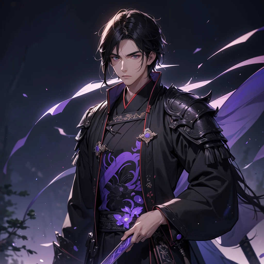 A Handsome black-hair male holding a large sword in black ancient chinese costume, Background is a dark moonless night, with dry trees in the background, and purple glowing light,close up.
