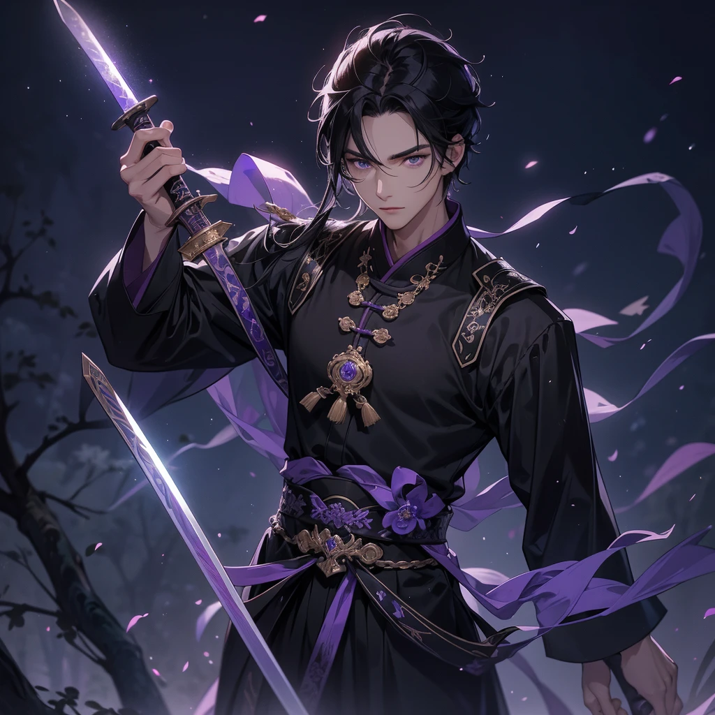 A Handsome black-hair male holding a large sword in black ancient chinese costume, Background is a dark moonless night, with dry trees in the background, and purple glowing light,close up.