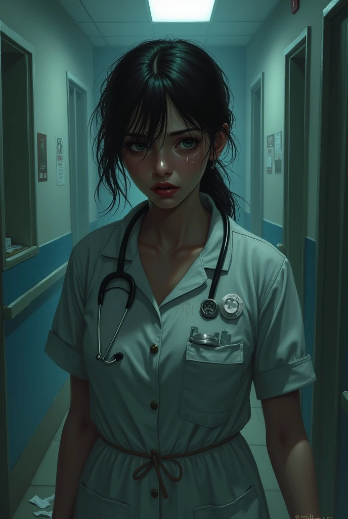 A female nurse is crying in fear