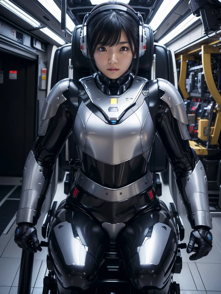 Japanese women,Black Hair,Machine cockpit,Control panel,Secured to the seat with a thick belt,Plump,Slightly thicker,Squat,Robot Suit,Chest Monitor,A room surrounded by machines