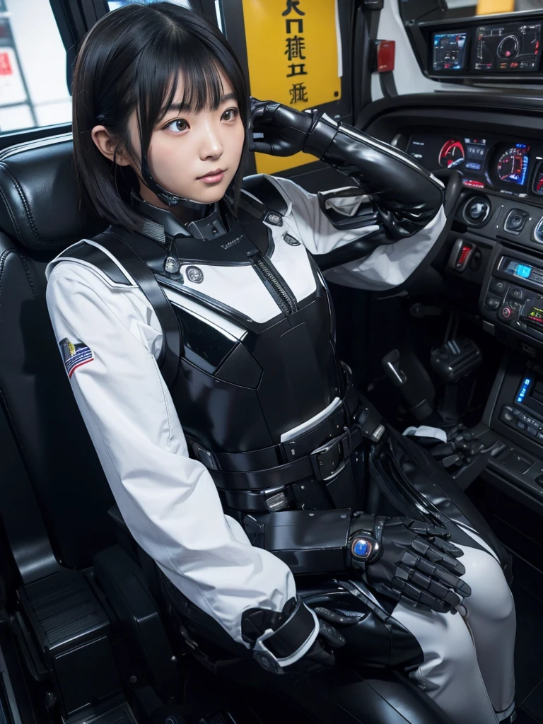 Japanese women,Black Hair,Machine cockpit,Control panel,Secured to the seat with a thick belt,Plump,Slightly thicker,Squat,Robot Suit,Chest Monitor,A room surrounded by machines