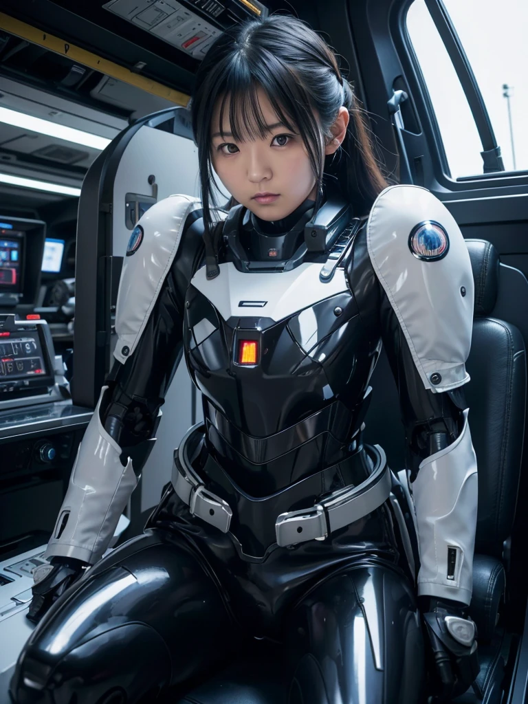 Japanese women,Black Hair,Machine cockpit,Control panel,Secured to the seat with a thick belt,Plump,Slightly thicker,Squat,Robot Suit,Chest Monitor,A room surrounded by machines