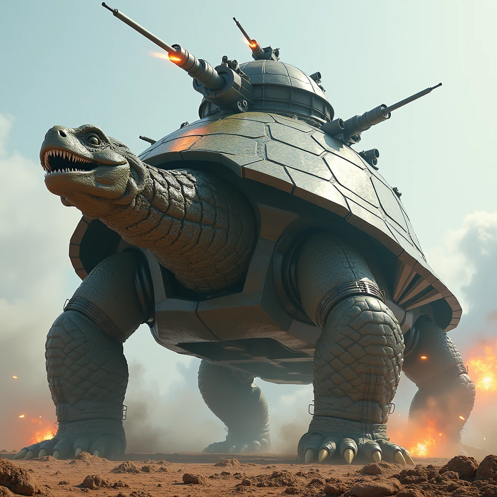 Giant dragon-like turtle, 3D Rendering, Ultra-fine detail, high quality, High resolution, 最high quality,Large photochemical barrier,A spherical barrier that covers the entire body of the turtle,AT Field,Electromagnetic Barrier,Geometric Shield,A giant military weapon built on a turtle shell,Huge railgun,Lots of anti-aircraft guns,Artillery fire,All at once