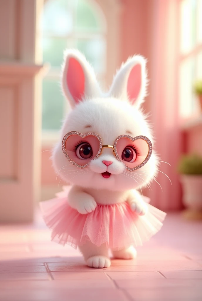 3D cute baby rabbit character、Pure white fluffy fur、running、Inside the house、masterpiece, Background Blur, shut up., Big eyes、Sparkling eyes、Pale pink background、Wearing a pink tulle dress、Wearing sparkly heart-shaped sunglasses