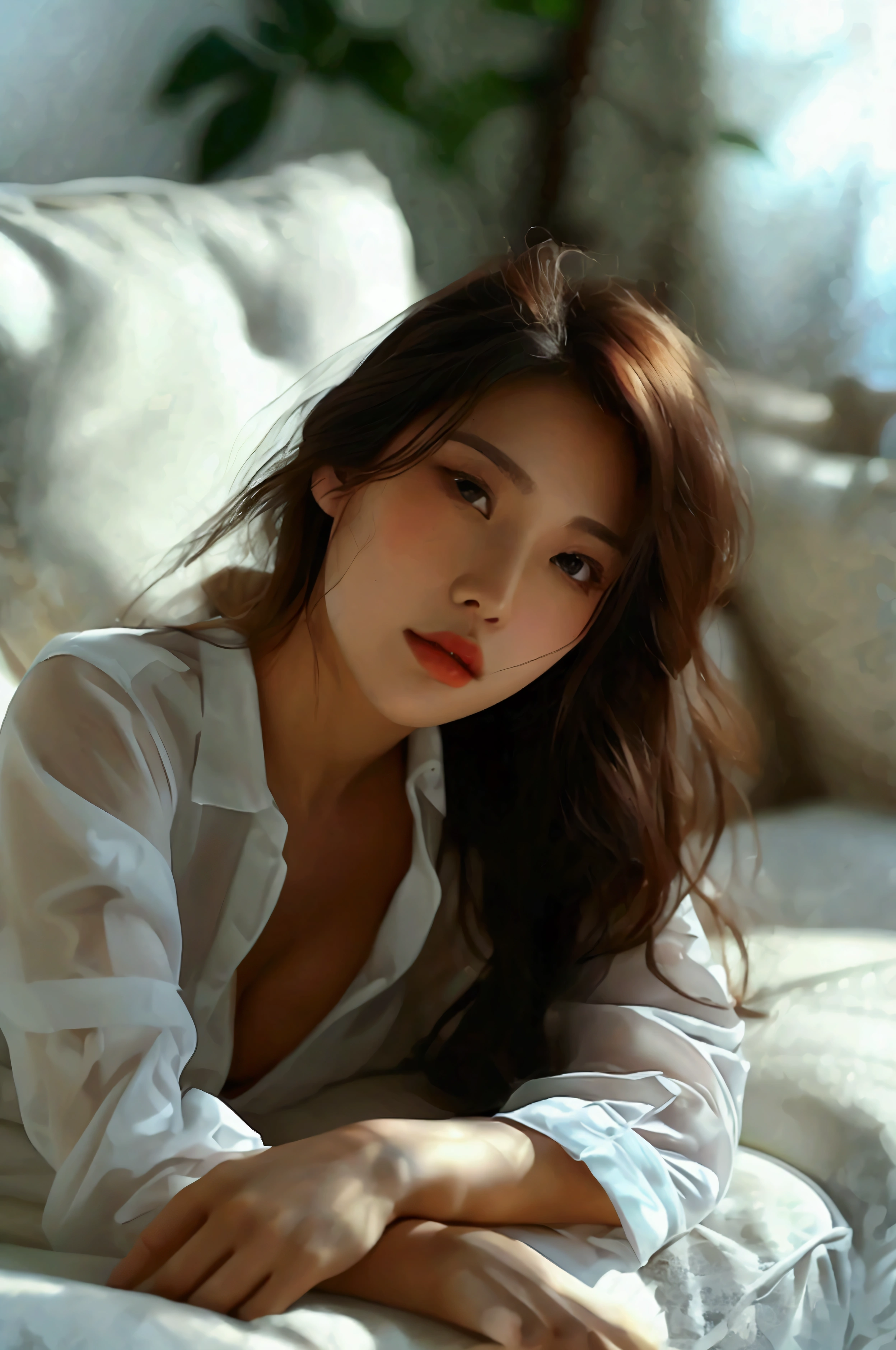 (full-body shot:1) Realistic images (Lying position:1) Surrealism, photography, long hair, Miss, 2, Hourglass figure, Perfect body, Flirty look, Medium breasts, Blurred Background, She lies on a modern white sofa in the living room, She looks seductive, 她barefoot, barefoot, She is wearing a white shirt,Asian women,