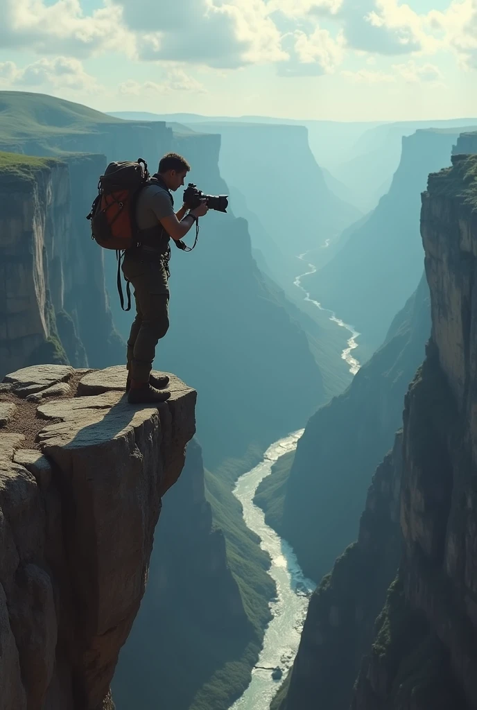 A photographer with a camera is standing on the edge of a precipice and is about to fall