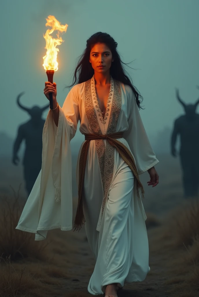 a highly detailed 8k cinematic photograph of a strong and brave woman, with a determined expression, crossing a dark and ominous landscape, illuminated only by the warm glow of a fire torch held in her steady hand, with intricate Persian-inspired patterns embroidered on her flowing white robes, amidst a subtle mist, surrounded by subtle hints of malevolent demons and bad spirits lurking in the shadows, their dark silhouettes contrasted against the warm golden light of the torch, with a soft, idyllic background that evokes a sense of mysticism and ancient mythology, capturing the essence of Persian folklore and mythology.