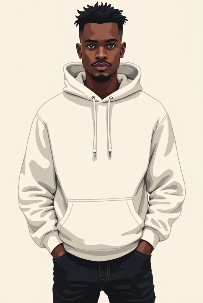 A vector art of a chocolate-toned black man, with no face, short black curly hair shaved on the side, com corte high fade, no risks, white hoodie and black pants. Faceless and with skin color #A76131