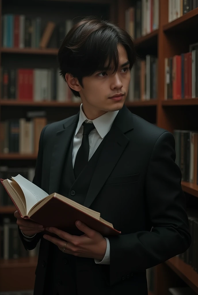 A young man with a center part wearing a suit, Study room with bookshelves, Looking towards me while holding a book, dark,