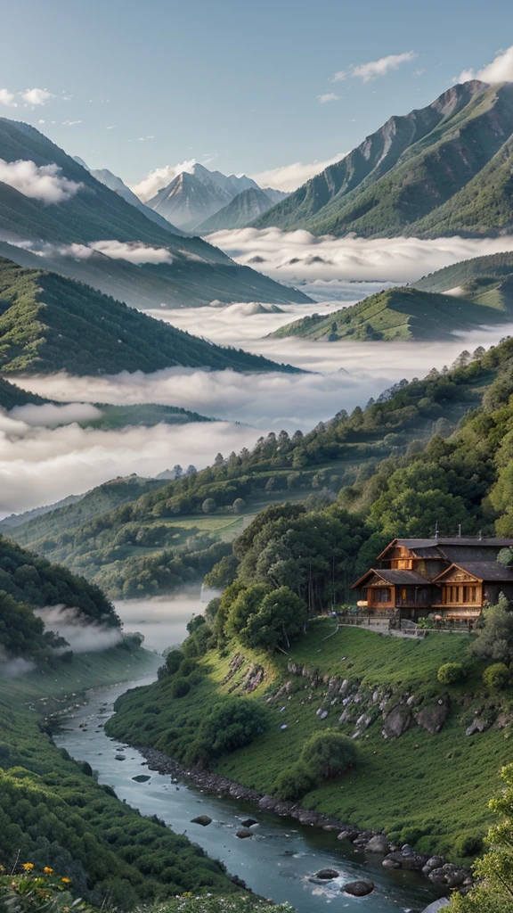 Misty Mountain Valley: Envision a serene mountain valley, with peaks rising above a sea of morning mist, hinting at the lush greenery and meandering rivers below.
