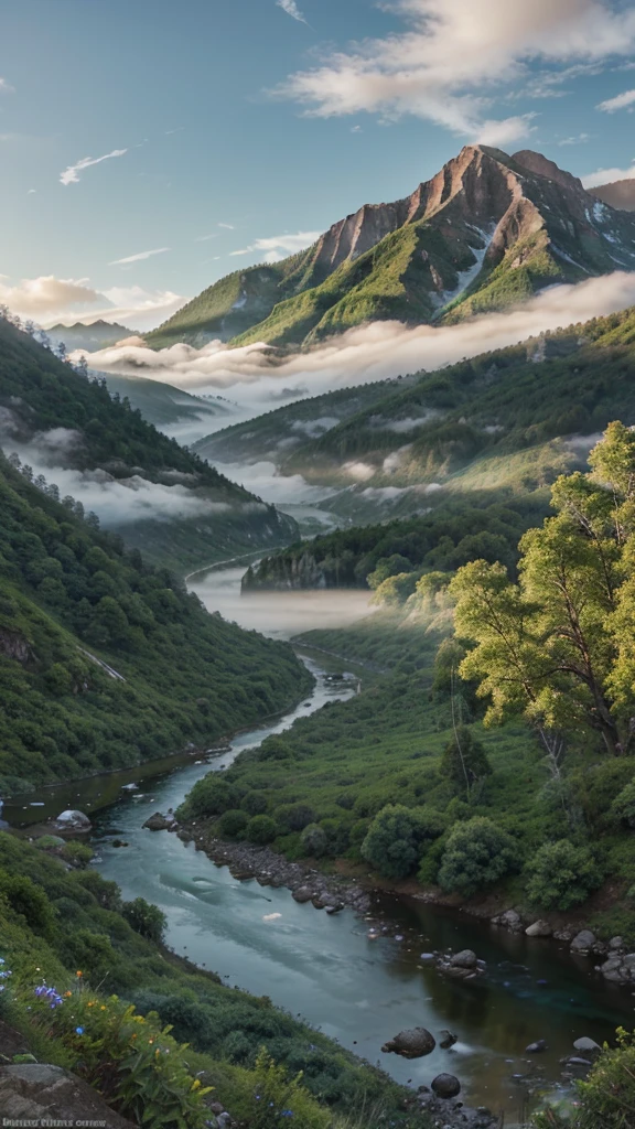 Misty Mountain Valley: Envision a serene mountain valley, with peaks rising above a sea of morning mist, hinting at the lush greenery and meandering rivers below.