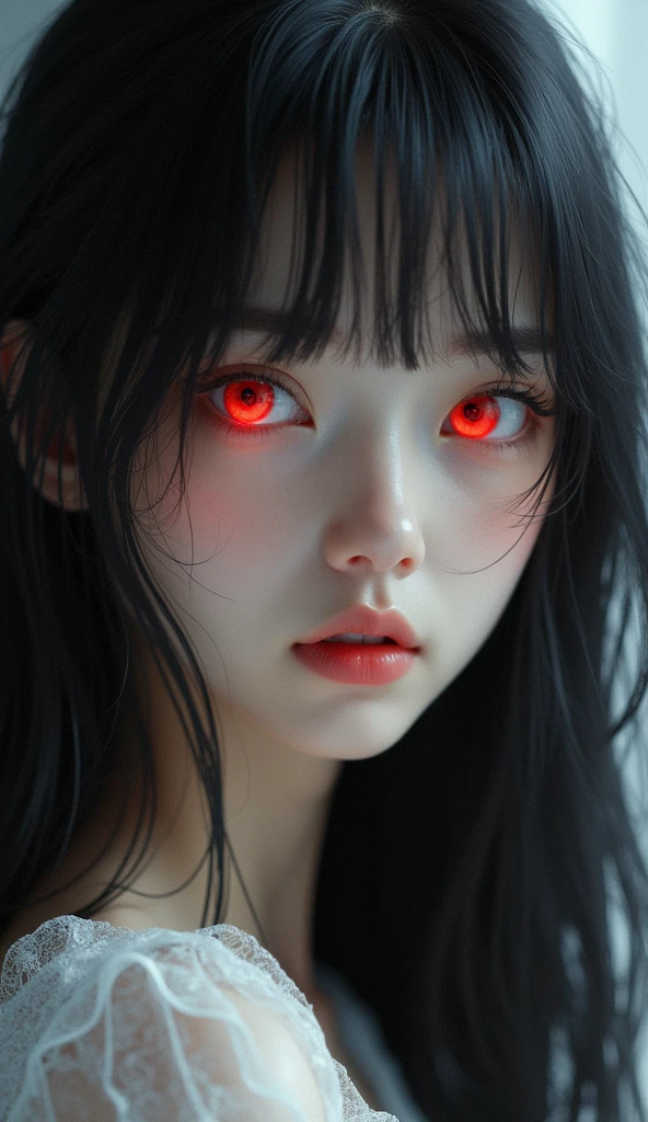 gorgeous young woman: long black hair with full bangs on forehead: Red iris eyes: very white skin: age 19 years, hyper- realism,