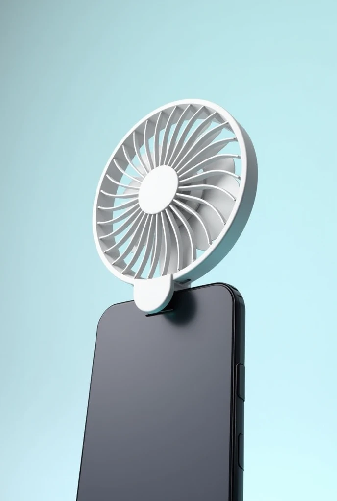 Make a portable fan that can clip to cellphone. The portable fan is in the top of the cellphone make it medium size. The portable should not touching the screen it should be on the top of the cellphone