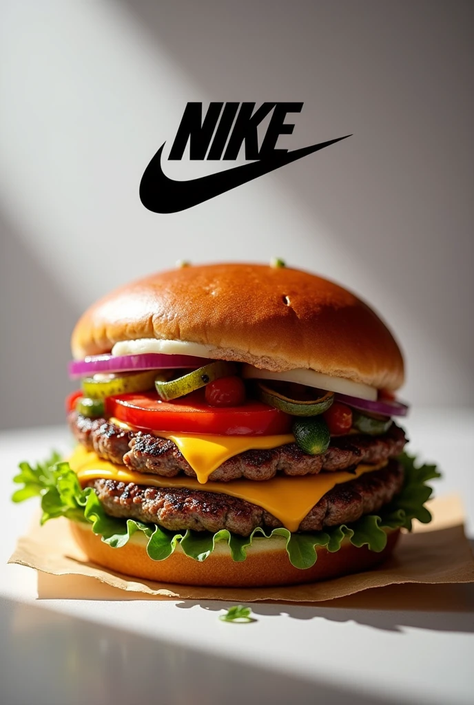 Create an advertisement for a burger joint in collaboration with Nike where only the burger and the Nike logo stand out