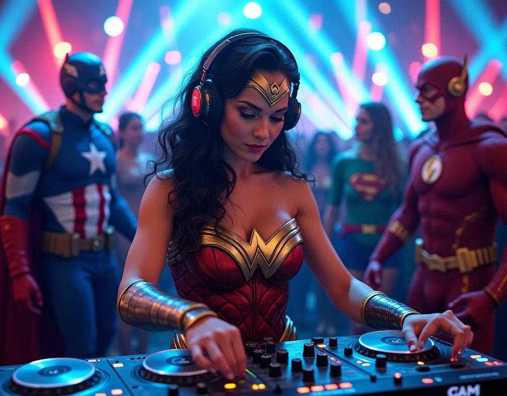 A DJ dressed in a realistic Wonder Woman costume ,  emblem on the chest, is positioned in a modern DJ booth. She is wearing a large headset over her head, focused on mixing music, with an expression of concentration and enthusiasm. Ao redor dele, on a dance floor lit by pulsating lights and colored lasers, other superheroes are enjoying the party. Captain America dancing in his blue suit; a Batman in a mask and black cape, Leaning casually against a wall; and a Flash in his red and gold costume, talking animatedly with a Green Lantern. The atmosphere is full of energy, with heroes blending into the crowd, some dancing, others taking pictures, everyone celebrating in a lively and vibrant environment . The lighting highlights the figure of DJ Wonder Woman, with rays of blue and red light creating a dramatic and festive effect."