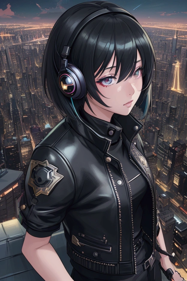 ((Highly detailed anime art)),Overlooking the big city from the rooftop,Top view,Cyberpunk City,Night view,Starry Sky,Woman wearing a leather jacket,Bobcut,sunglasses,tobacco ,Neon Light,Inner Color,headphone,He has a futuristic device attached to his head.,((masterpiece, Highest quality, Extremely detailed CG, unity 8k wallpaper )),(masterpiece, Highest quality, Highest quality, Official Art, beautiful),Very vivid,High-precision images,Ultra-high resolution,Great art,Poster Art,Impressive photos,Impressive art,beautiful顔,Perfect Face