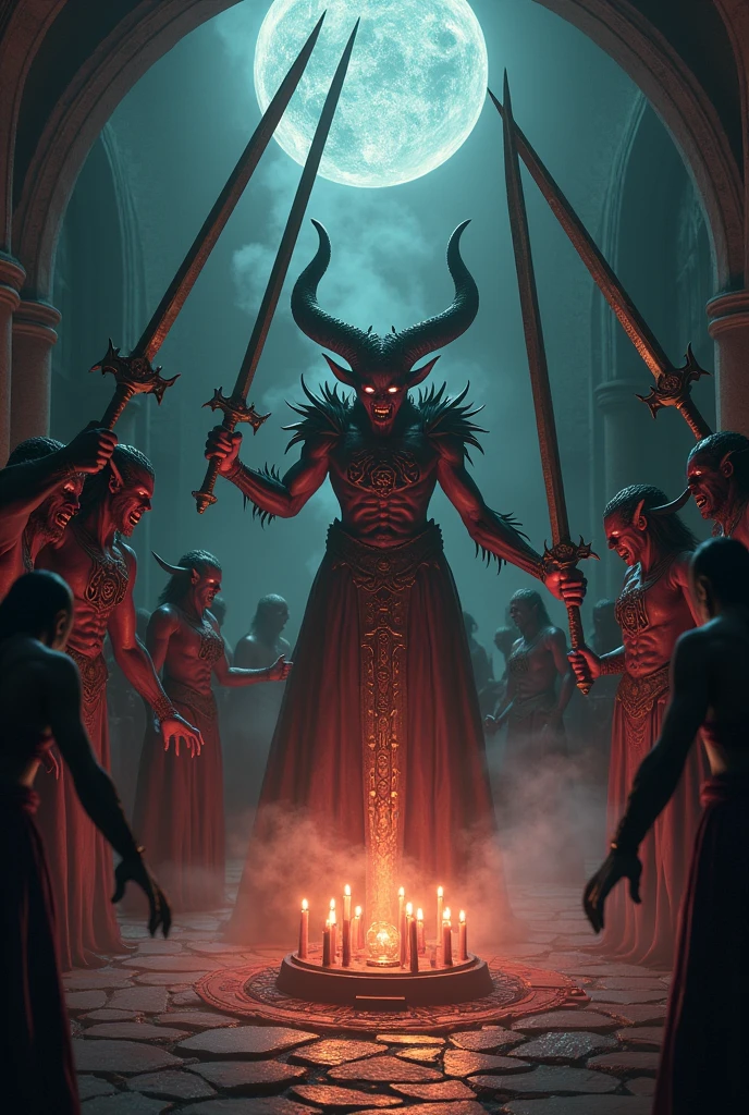 Satanic ritual and demons around you with huge swords.