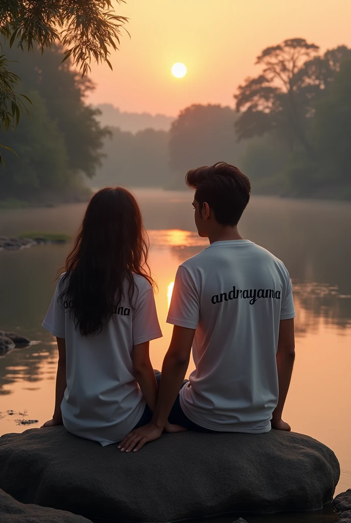 A woman wearing a white t-shirt with the words "Andrayana"and a handsome man wearing a t-shirt that says "candani kiran"sitting on a rock near the river in the twilight atmosphere, looking at the camera