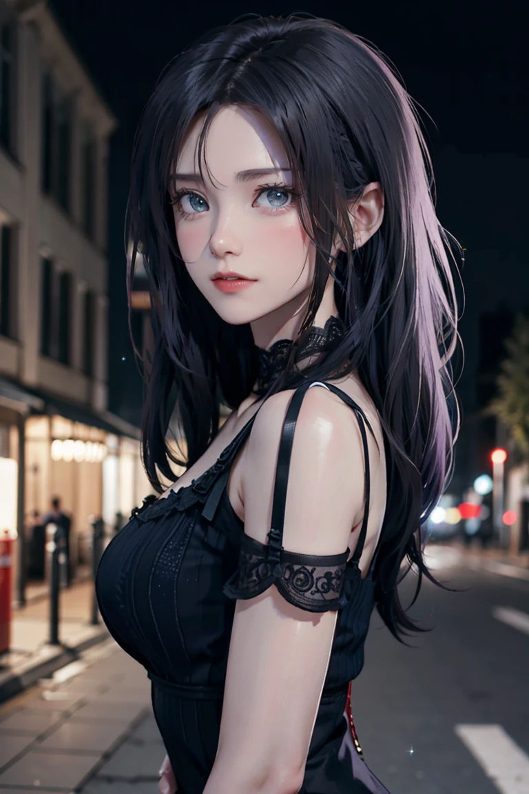 Highest quality, masterpiece, Ultra-high resolution, (Realistic:1.4), RAW Photos, Aesthetics and atmosphere, Dark Shot, Film Grain, Soft Focus, Bokeh, Night Shots, masterpiece realistic volumetric light,,One girl, Purple eyes, Gray Hair, Curly Hair, Grin, (freckles:0.8), thigh, Medium chest, Upper Body, (Sparkling:1.3) Sequined Mini CNS Dress, (panties),ray tracing reflection, Desert street, path, City lights, Beautiful sky, Relying on the wall, From the side,NSFW,Large Breasts, Small waist