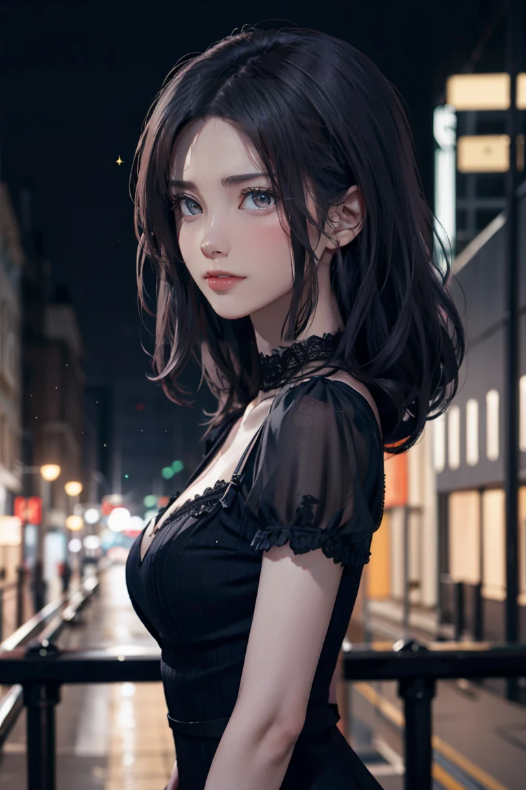(8k, Top quality, Masterpiece:1.2), (Realistic, photo-realistic:1.37), Super detailed, perfect anatomy, cute, small eyes, 18 years old, a Japanese, girl, off-shoulder black dress, huge breast, bangs, cityscape,