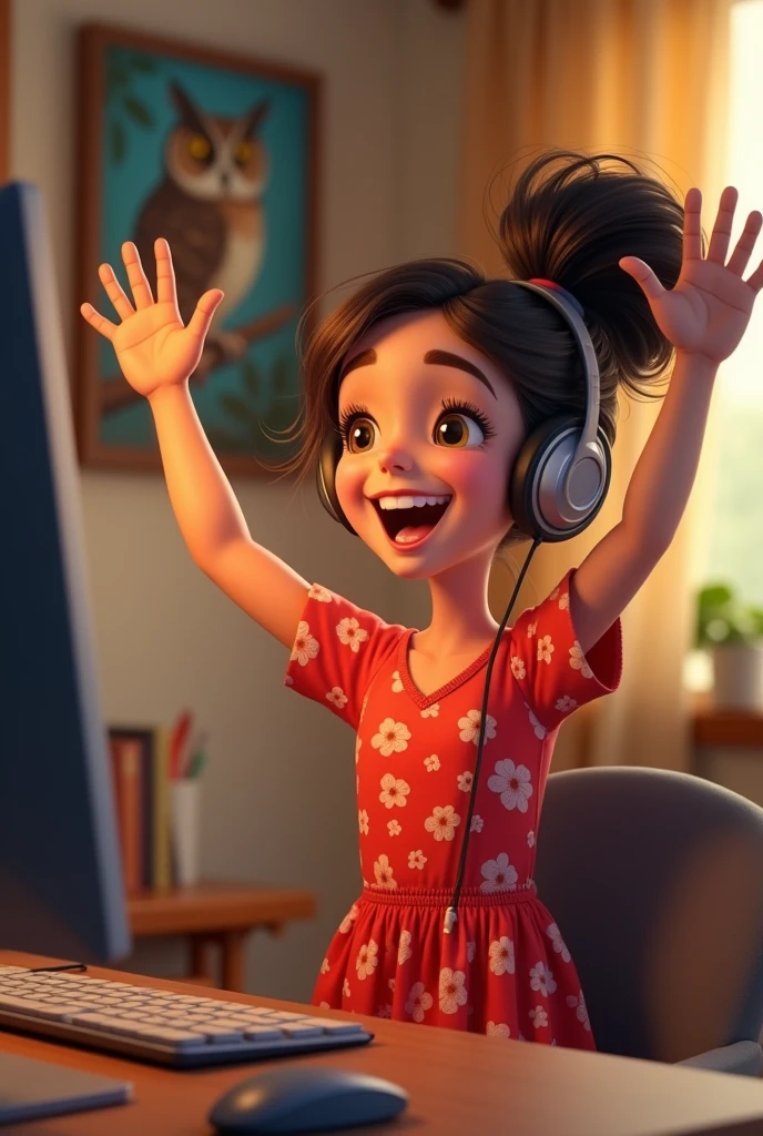 a girl works on a computer, a headset on her head. Great mood, smiling. She threw her hands up. Red dress with flowers print. Home environment. In the background is a portrait of an owl