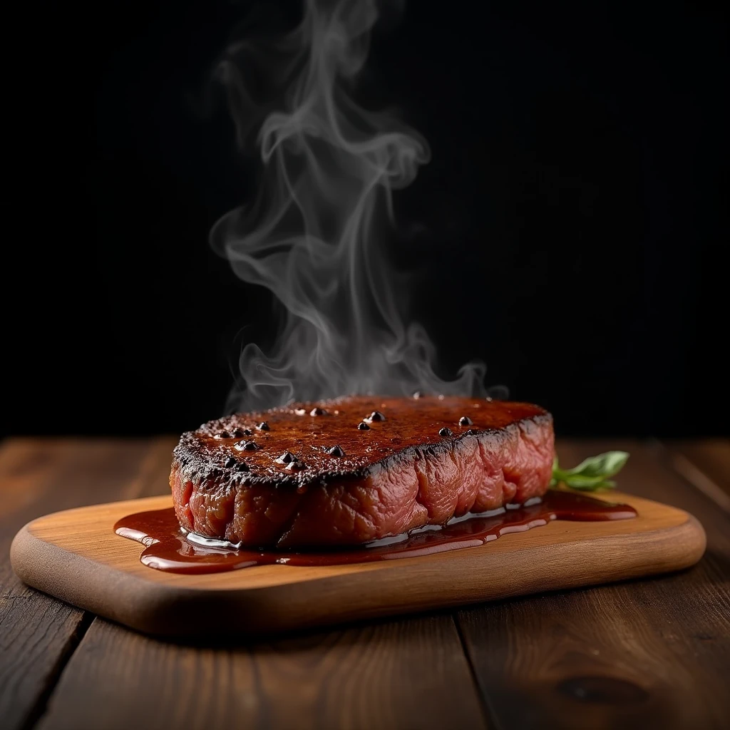 Steak recipe clean picture realistic food, steaming hot, peppercorn sauce on top of the steak and dripping off the side of the steak, on rustic wood floor, placed on a dark background, medium contrast
